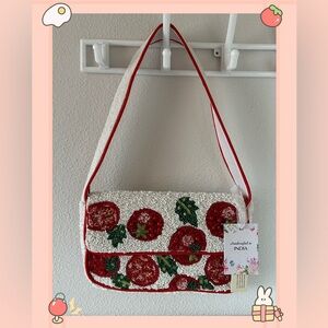 💜SOLD💜VIRAL Handmade In India Beaded Tomato Flap Shoulder Bag White/Red